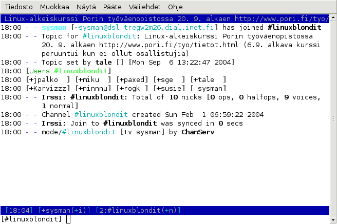 Irssi kanavalla \#linuxblondit
